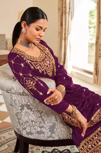 Violet Silk blend thread embroidery with sequins work salwar kameez