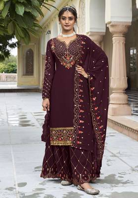 Wine georgette heavy thread embroidery with sequins work salwar kameez 1