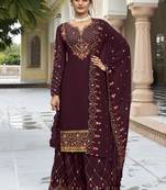 Wine georgette heavy thread embroidery with sequins work salwar kameez