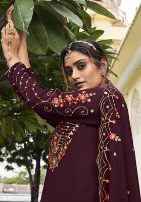 Wine georgette heavy thread embroidery with sequins work salwar kameez 3