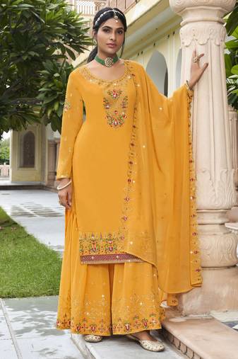 Mustard georgette heavy thread embroidery with sequins work salwar kameez