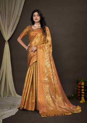 Kimisha women's mustard silk kanjeevaram woven saree with unstitched blouse piece 1