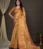 Kimisha women's mustard silk kanjeevaram woven saree with unstitched blouse piece