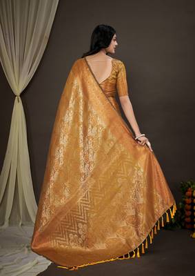 Kimisha women's mustard silk kanjeevaram woven saree with unstitched blouse piece 2
