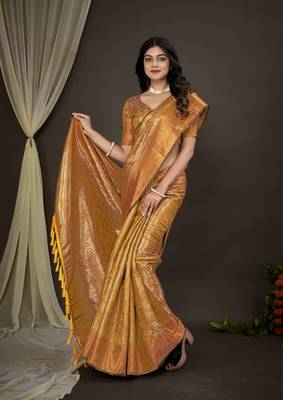 Kimisha women's mustard silk kanjeevaram woven saree with unstitched blouse piece 3