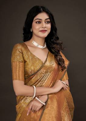 Kimisha women's mustard silk kanjeevaram woven saree with unstitched blouse piece 4