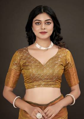 Kimisha women's mustard silk kanjeevaram woven saree with unstitched blouse piece 5