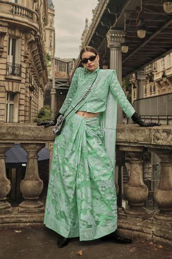 Sea Green Color Lakhnavi Organza Weaving Work Saree With Blouse