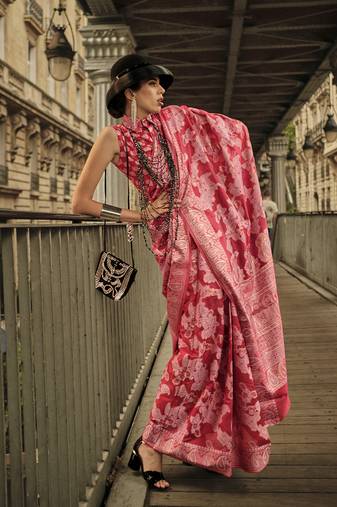 Light Red Color Lakhnavi Organza Weaving Work Saree With Blouse