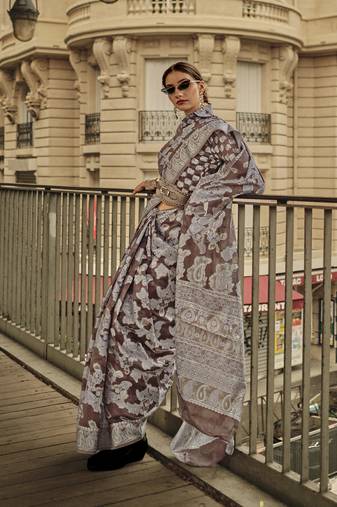 Brown Color Lakhnavi Organza Weaving Work Saree With Blouse