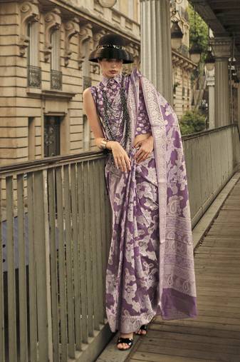 Violet Color Lakhnavi Organza Weaving Work Saree With Blouse