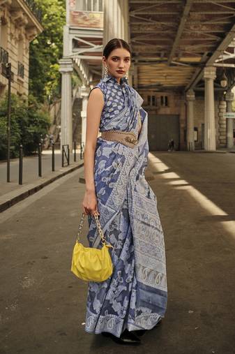 Aegon Blue Color Lakhnavi Organza Weaving Work Saree With Blouse