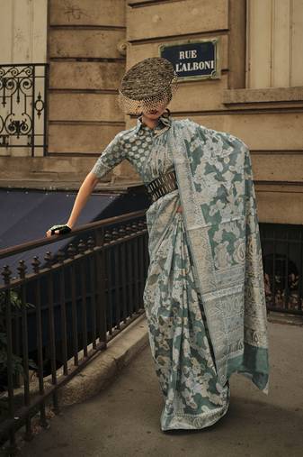 Dusty Green Color Lakhnavi Organza Weaving Work Saree With Blouse