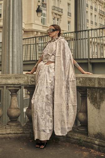 White Color Lakhnavi Organza Weaving Work Saree With Blouse