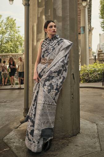 Black Color Lakhnavi Organza Weaving Work Saree With Blouse