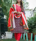 Shri Krishna Fabric Women's Rayon Handprinted Ethnic Embroidered Kurti With Pant & Malmal Dupatta Set