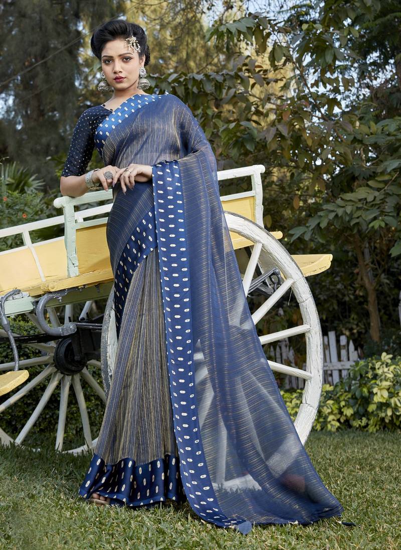 Blue zari with foil emblished organza designer saree with blouse