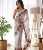 White Colour Digital Print Georgette Fabric Heavy Work Saree WITH UN-STITCHED BLOUSE