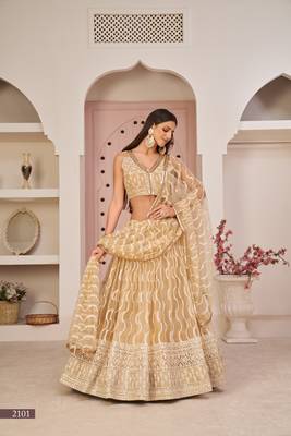 WOMEN'S BEIGE BUTTERFLY NET THREAD EMBROIDERED WORK LEHENGA CHOLI 1