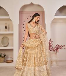 WOMEN'S BEIGE BUTTERFLY NET THREAD EMBROIDERED WORK LEHENGA CHOLI