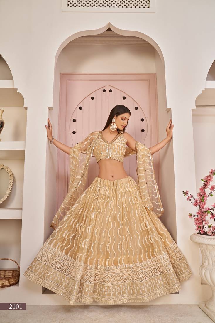WOMEN'S BEIGE BUTTERFLY NET THREAD EMBROIDERED WORK LEHENGA CHOLI