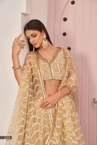 WOMEN'S BEIGE BUTTERFLY NET THREAD EMBROIDERED WORK LEHENGA CHOLI