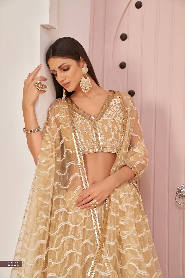 WOMEN'S BEIGE BUTTERFLY NET THREAD EMBROIDERED WORK LEHENGA CHOLI