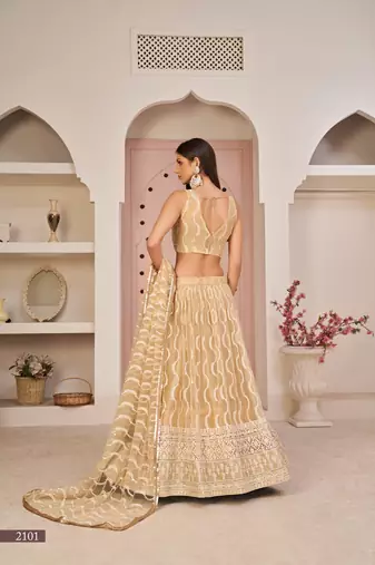 WOMEN'S BEIGE BUTTERFLY NET THREAD EMBROIDERED WORK LEHENGA CHOLI