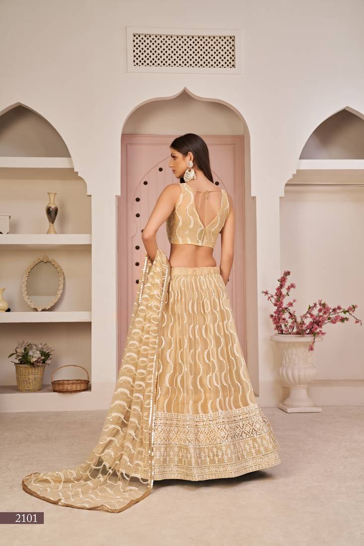 WOMEN'S BEIGE BUTTERFLY NET THREAD EMBROIDERED WORK LEHENGA CHOLI