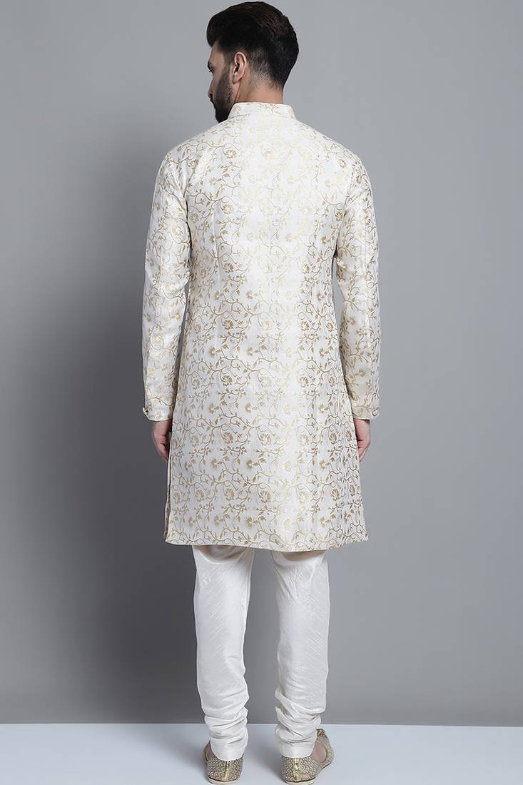 Men designer brocade silk white sherwani set with golden print  by treemoda