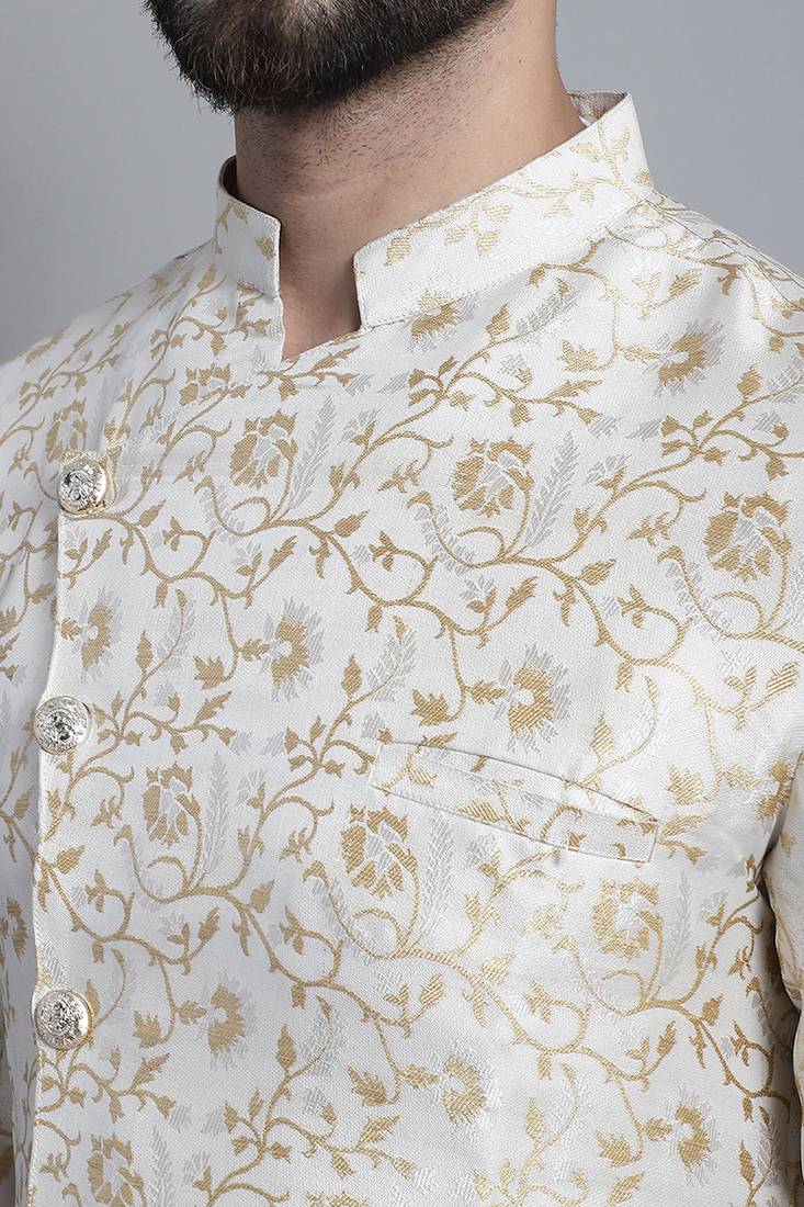 Men designer brocade silk white sherwani set with golden print  by treemoda