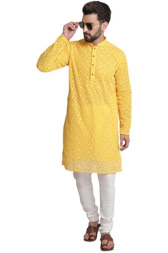 Treemoda men chikankari floral embroidery georgette straight kurta