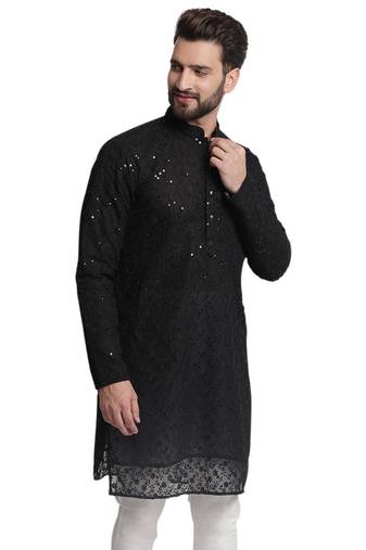 Treemoda men chikankari floral embroidery georgette straight kurta