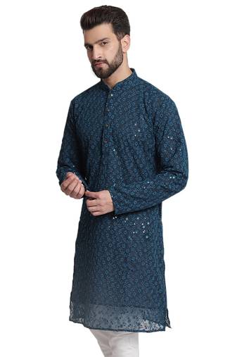 Treemoda men chikankari floral embroidery georgette straight kurta