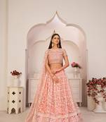 WOMEN'S LIGHT PINK BUTTERFLY NET EMBROIDERED THREAD WORK PARTY WEAR LEHENGA CHOLI