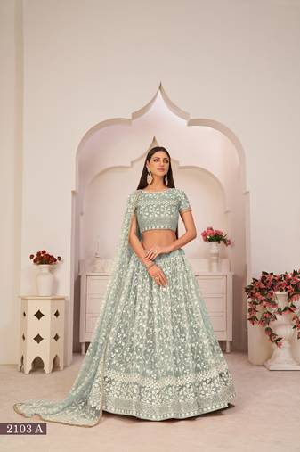 EILARA WOMEN'S EILARA WOMEN'S GREEN BUTTERFLY NET EMBROIDERED THREAD WORK PARTY WEAR LEHENGA CHOLI