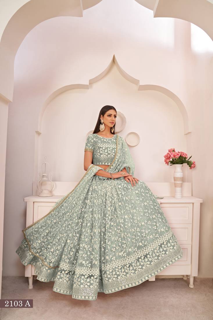 WOMEN'S WOMEN'S GREEN BUTTERFLY NET EMBROIDERED THREAD WORK PARTY WEAR LEHENGA CHOLI