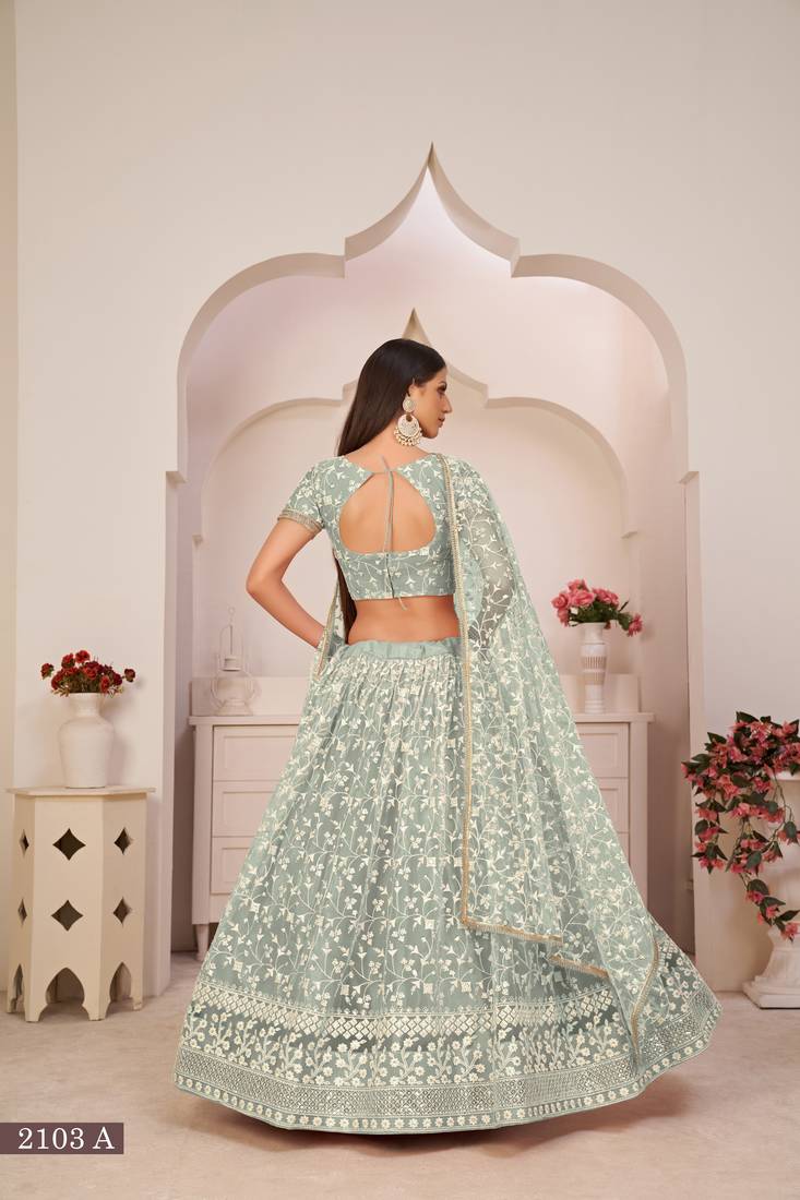 WOMEN'S WOMEN'S GREEN BUTTERFLY NET EMBROIDERED THREAD WORK PARTY WEAR LEHENGA CHOLI