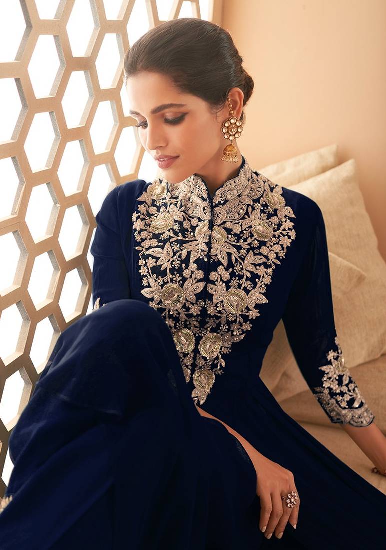 Navy blue color georgette semi stitched embroidered designer suit