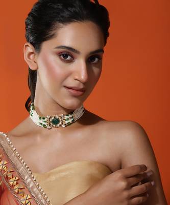 Green gold plated kundan choker necklace 1