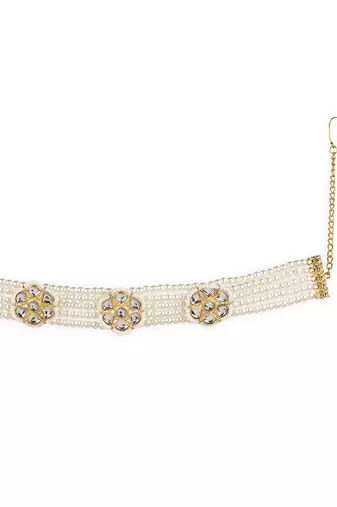 Gold plated kundan headband with pearls