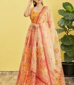 Stunning Yellow Mirror Work And Digital Print Organza Party Wear Lehenga Choli
