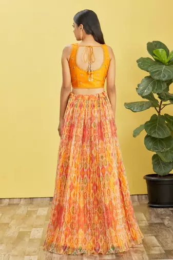 yellow mirror work and digital print organza party lehenga set choli with dupatta