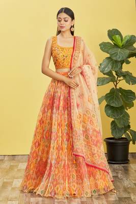 yellow mirror work and digital print organza party lehenga set choli with dupatta 4