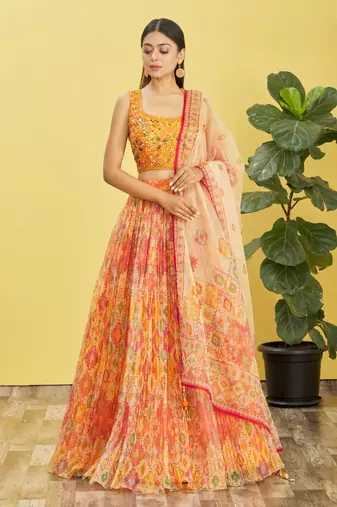 yellow mirror work and digital print organza party lehenga set choli with dupatta