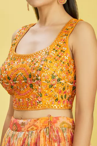 yellow mirror work and digital print organza party lehenga set choli with dupatta