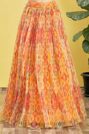 yellow mirror work and digital print organza party lehenga set choli with dupatta