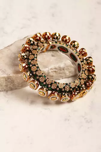Green enameled gold plated kundan bangle
