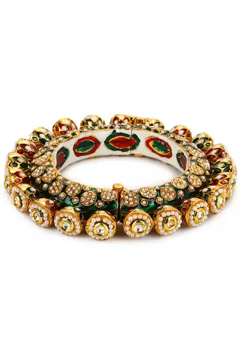 Green enameled gold plated kundan bangle