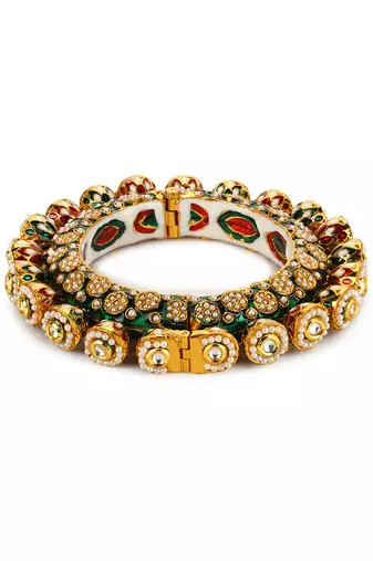 Green enameled gold plated kundan bangle